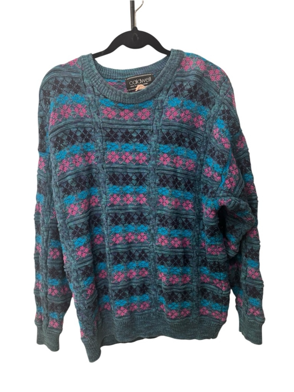 vintage Caldwell teal wool sweater with purple and light blue size L